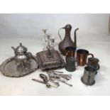 A quantity of silver plated, pewter and copper items including a pair of Rhodesia copper tankards