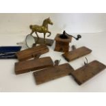 Assorted wooden plains, coffee grinder, brass horse etc.