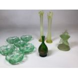 Art Deco moulded glass fish candle stick and lid, also with Art Deco green glass bowls, a pair of