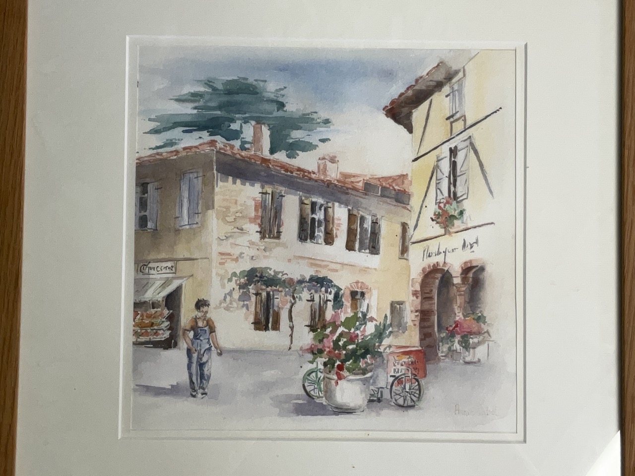 Framed Continental school watercolour of a European village square scene. Signed by Annie Cabot. - Image 3 of 5