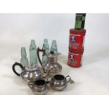Four Codd bottles, vintage tins and silver plated tea set and coffee pot
