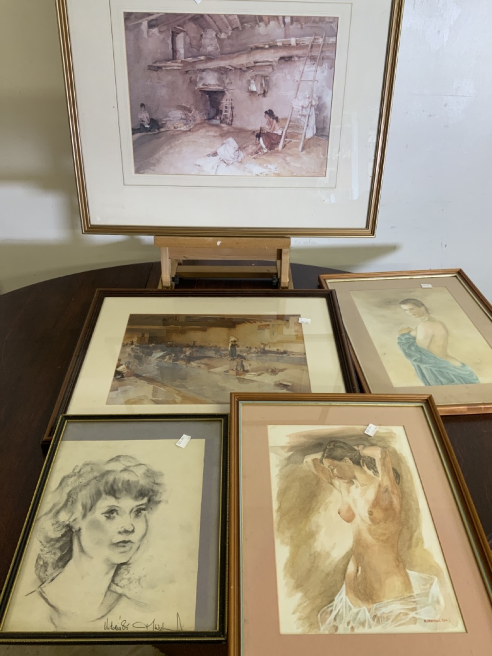Russell Flint prints (2) a charcoal drawings by Martin Weiland and two watercolours of naked ladies.