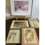 Russell Flint prints (2) a charcoal drawings by Martin Weiland and two watercolours of naked ladies.