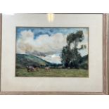 Sir Frank H Short. Watercolour of cows in a field. W:24cm x H:17cm