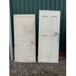 Two painted doors one with ceramic handles and door plaque. W:81cm x H:201.5cm W:85.5cm x H:189cm