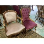 A Button backed open bedroom chair also with an upholstered French style arm chair.