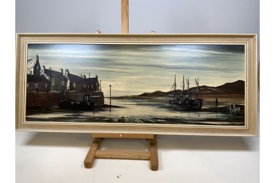 A mid century print of a harbour scene entitled Quiet Estuary by Ron Folland W:120cm x H:50cm - Image 1 of 5