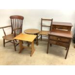 Assorted furniture, two side tables with drawers, an elm seated grandfather chair (cut down seat