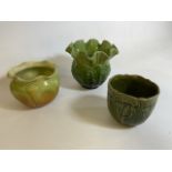 Three Art Nouveau style green planters. Bretby planter with flared wavy edge. Marked Bretby 825.