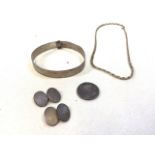 Assorted silver items to include a bangle, cuff links, coin pendant and small necklace. Bangle