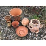 Assortment of terracotta planters, including tapering bush vase, strawberry planter and spherical