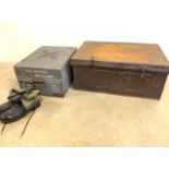 A wooden military case transit box with ref numbers also with a metal Taunton box and a pair of