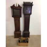 Two grandfather clock cases with associated clock faces and weights. AF. Untested, for