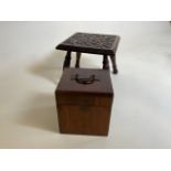 A late nineteenth century/early twentieth century carved stool A/f and a mahogany instrument case