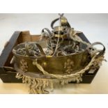 A brass ornate vintage light fitting - A/F. Decorated with flour de lis and tassels W:47cm