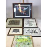 Six prints of different subjects. Includes a plan of Crewkerne, a cat print, a Somerton Brewery