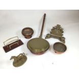 Assortment of brass and copper items, including antique bed warmer and horse figure. Also includes