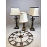 A pair of table lamps with one other and a clock . All untested H:71cm Tallest lamp to top of shade