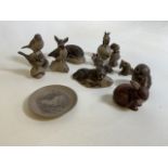11 Poole Pottery animal figures and a trinket dish comprising birds, mice, an owl, a faun and