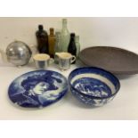 Rosielea Tableware, a large resin inlaid bowl, vintage glass bottles and blue and white.