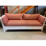 A white painted sofa with upholstered cushions. W:211cm x D:81cm x H:77cm