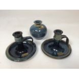 Irish Dingle ceramic vase and pair of candle stands. Good condition. Louis Mulcahy makerâ€™s label.