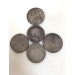 5 silver crown coins in circulated condition. 1819 George III crown with LX code to the