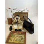 A quantity of vintage items including a mid century magazine rack styled as a cart, a Pierrot
