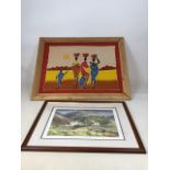 A fabric African style screen print on light wood frame together with a limited edition print 57/850