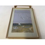 A watercolour of a river scene with hot air balloon signed Pitchford, a watercolour of sea gulls