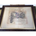 A Royal Engineers discharge certificate, framed and glazed, also with eight other prints