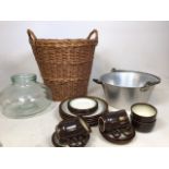 An aluminium preserving pan together with a log basket, Carboy and 1970s pottery