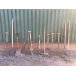 Various barn find agricultural tools including forks, spades and hand sickles. 17 total. Weathered