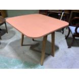 A mid century drop flap kitchen table with painted top. W:90cm x D:36cm x H:74cm W:90cm x D:89cm x