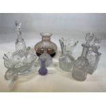 A quantity of glass including flower bowls, decanters and vases