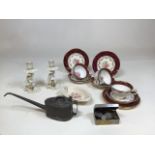 A vintage oil can marked Kayes, also with a pair of German candlesticks, a part J Fryer tea set