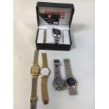 Five mens watches including a boxed Fahrenheit, an Avis, Rotary, Alexis and Accurist. Untested