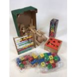Box of assorted vintage wooden toys to include building blocks and a boxed Jenga game. Good