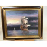 J.Ambrose oil on canvas of sailing ship Signed lower right W:64cm x H:55cm Dimensions of frame.
