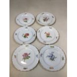 Six hand painted Meissen style plates. Six different flowers. Gilded and moulded edge. W:22cm