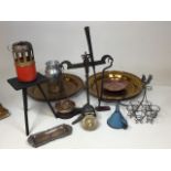 Assortment of metalware including brass and copper. Decorative dishes, weighing scales, lamp etc.