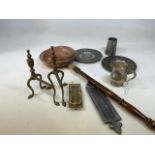 A quantity of metalware including a brass letter box, a warming pan, tankards and other items