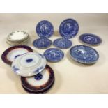 A quantity of antique plates including Copeland Spode blue and white Italian plates, Willow pattern,