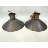 A pair of copper ceiling lights, marked from Ancienne. W:35cm x D:35cm drop of 45cm and 62cm.
