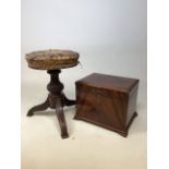 A vintage table top sewing box with lift out compartment and a revolving up and down piano stool W: