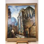 A Russian oil on canvas of a street scene with churches. See photos for Artist - signed reverse