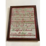 A cross stitch and tapestry sampler dating from 1881 by Emily Cook aged 7 W:30cm x H:39cm actual