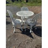 A metal garden bistro set, table and three chairs. Table W:70cm x D:70cm x H:70cm