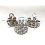3 silver plate egg cup carousels with spoons. Each set serves 4. All in good condition.