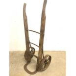 Vintage sack trucks. Metal wheels and base with oak handles. C19th W:49cm x H:124cm